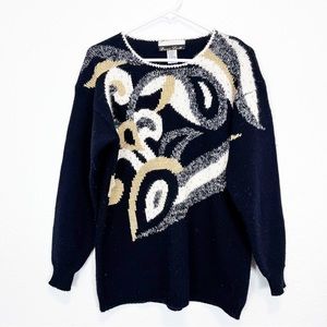 Vintage Dana Scott Black Gold & Silver Metallic Wool Angora Blend Sweater Size M